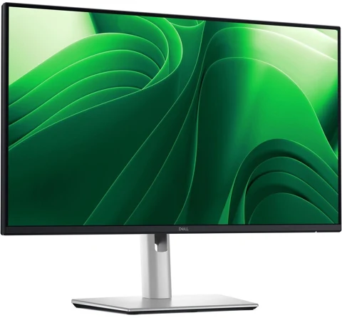 Écran Dell P2425DE noir et argent, vue de face légèrement décalée avec son pied