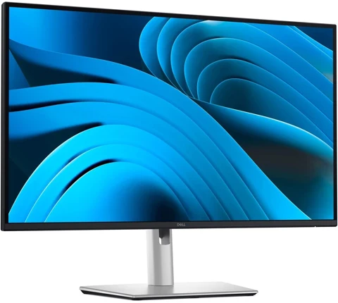 Écran Dell P2725DE noir et argent, vue de face légèrement décalée avec son pied