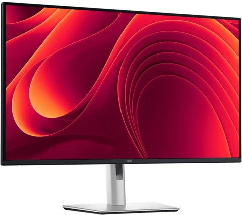 Écran Dell P3225DE noir et argent, vue de face légèrement décalée avec son pied