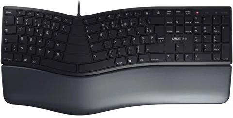 Clavier CHERRY KC 4500 ERGO noir vu de dessus, avec touches séparées en deux zones et repose-poignets
