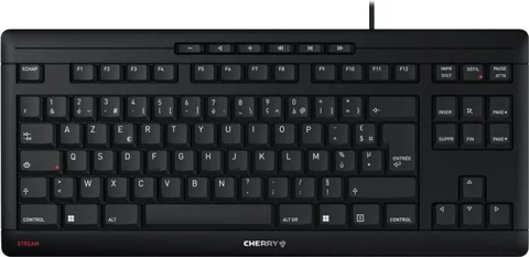 Clavier CHERRY STREAM KEYBOARD TKL noir vu de dessus, sans pavé numérique