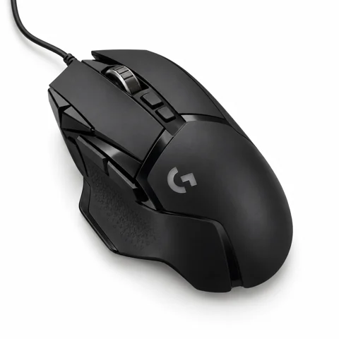 Illustration générée par IA de la souris filaire Logitech G502 HERO noire, vue de trois quarts
