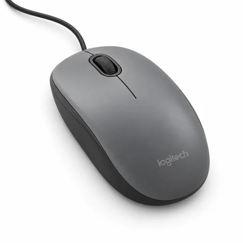 Illustration générée par IA de la souris Logitech M110 Silent grise avec son câble, vue de trois quarts