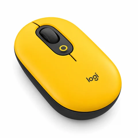 Illustration générée par IA de la souris Logitech POP Mouse Blast jaune et noire, vue de trois quarts