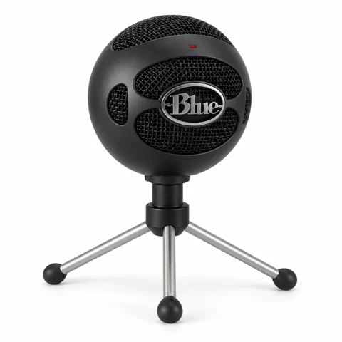 Illustration générée par IA du microphone Blue Snowball iCE noir sur son trépied de bureau